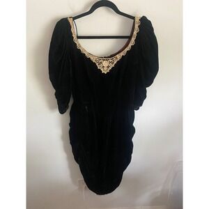 Vintage Black Velvet Gold Lace Pearl Trim Ruched Puff Sleeve‎ Cocktail Dress 80s